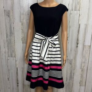Christopher & Banks Black and White Midi Dress with Pink Stripes